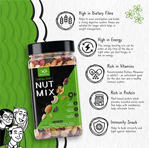GreenFinity Absolute Health, Premium Fruit, Nut & Fiber SuperMix, Healthy Mixed Nuts with Dry Fruits | Almonds | Cashews | Cranberry | Pumpkin Seeds | Walnuts, Reusable Jar, 500gm | PACK OF 2 4
