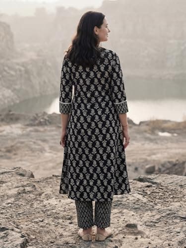 INDO ERA Women's Off White Cotton Blend Floral Printed Straight Fusion Kurta & Palazzo Set 3