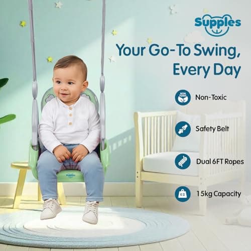 Amazon Brand - Supples Baby Swing for Kids | Non-Toxic Plastic | Indoor & Outdoor Use | Adjustable Design with Safety Belt | Age 6 Months to 4 Years | Green & Grey 2