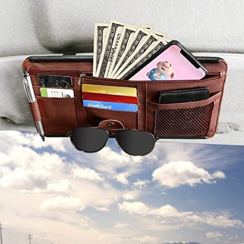 HSR Car Sun Visor Organizer, Sunglass Pen Card Small Document Storage Pouch Holder, PU Leather, Multi-Pocket with Zipper Net (Brown) 2