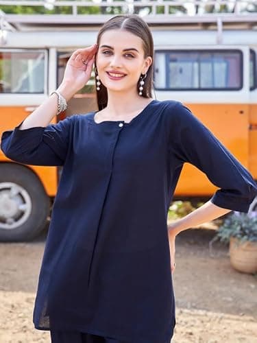TITTLI Women Cotton Flex Plain Kurta and Pant Dark Rani Color Co-Ord Set (Navy Blue, XXL) 2
