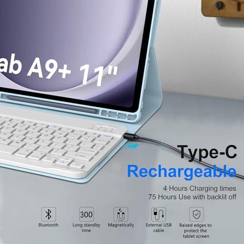 Keyboard Case for Samsung Galaxy Tab A9 Plus/A9+ 5G 11”(SM-X210/X216/X218), Detachable Wireless Bluetooth Keyboard, Smart Folio Cover with S Pen Holder, Soft Protective Case, Auto Sleep/Wake, Sky Blue 5