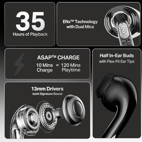 boAt Airdopes 101v2, 35H Battery, ENx Tech, 13mm Drivers, ASAP Charge, Flex-Fit Ear Tips,Stream Ad Free Music via App Support, Bluetooth Earbuds, TWS Ear Buds Wireless Earphones with mic (Pitch Black) 3