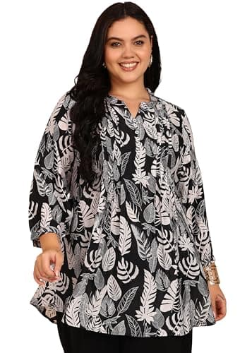 Yash Gallery Women’s Plus Size Black Leaf Print Wrinkle-Free Tunic Top with Pintucks & Button Placket