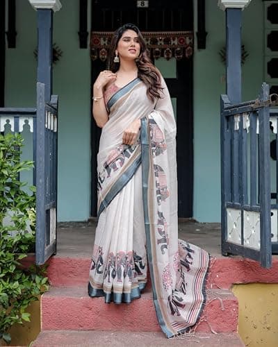 Kaugalian store Linen Cotton Elephant Printed White & Cream Saree For Women With Unstitched Blouse Piece 4