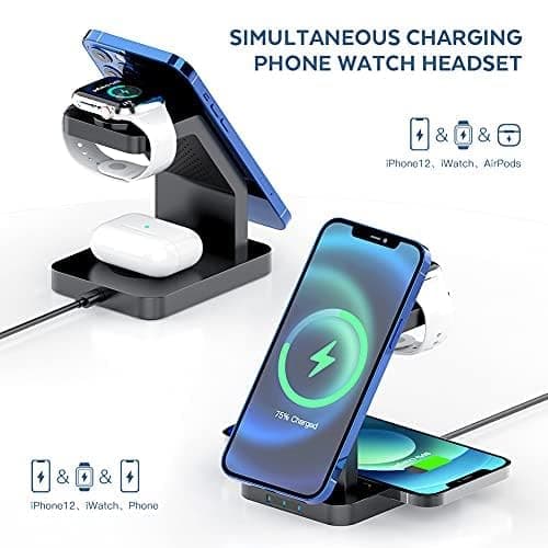 eller santé® Wireless Charger 3-in-1 23W Magnetic Mag-Safe for iPhone 17/17 Air/17 Pro/17 Pro Max, 16/16 Plus/16 Pro/16 Pro Max, 15/14/13/12, Airpods 3rd/2nd gen, Series 9/8/7/6/5/4/SE-Black 5