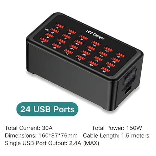 Drumstone (𝐋𝐢𝐦𝐢𝐭𝐞𝐝 𝐓𝐨𝐝𝐚𝐲) Universal 24-Port USB Charging Station, Multi-Device Solution for Phones, Tablets, Cameras, Accessories, Ideal for Offices & Home 𝟏𝟓 𝐘𝐞𝐚𝐫𝐬 𝐖𝐚𝐫𝐫𝐚𝐧𝐭𝐲 5