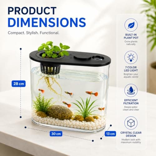 VAYINATO® PS-30L Fish Tank with Plant Growing Basket & 7-Color LED Light | 10L Desktop Aquarium (30H x 13B x 28L cm) | Crystal Clear Aquatic Tank for Guppy, Betta & Small Fish | Modern Home 5