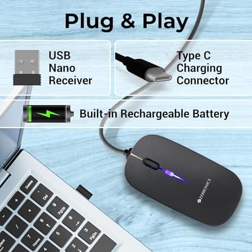 ZEBRONICS Blanc Slim Wireless Mouse with Rechargeable Battery, BT + 2.4GHz, 4 Buttons, 800/1200/1600 DPI, Silent Operation, Multicolor LED Lights 5