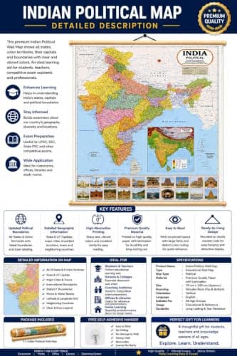 Wall Hanging Combo of 3 Map| Political Map Of India| Political Map Of World| Physical Map Of India| With Self Adhesive Wall Hangers 3