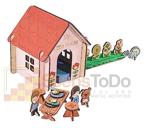 StepsToDo Pop Out Toy House Making Kit. Mini Dollhouse Set. Playhouse with Coffee Table, Seating Stool, Garden, Bed, a Girl Doll, a Boy Doll, and Teddy Bear 4