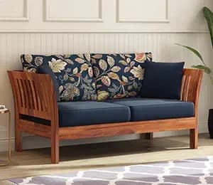 Solid Sheesham Wood Wooden 2 Seater Sofa Set for Living Room | Sofa for Home with Cousins Seat | Home Furniture, Brown (2S-N-Blue)
