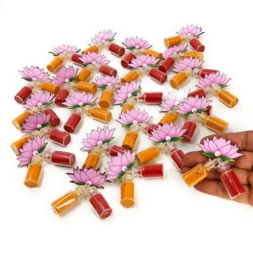 Sau Rang India Roli Haldi Gift, Pasupu Kumkum Gift Set in mini Glass Bottle | Thamboolam Return Gift for Wedding, Pooja, Diwali, Rakhi, Navratri, onam, pongal (Lotus Design mini 2ml Bottles), 20 pcs