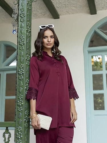 TITTLI Women's Satin Fabric Tunic & Trouser Co-Ord Set (Maroon, L) 2