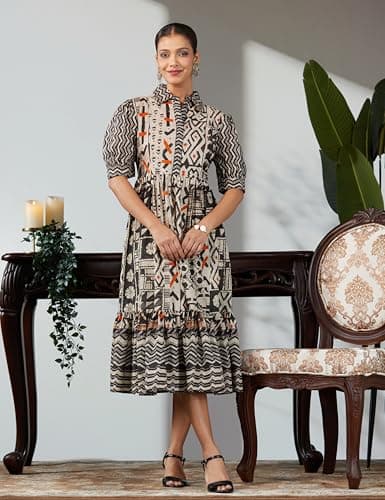 BIBA Women's Black Cotton Tiered Printed Kurta_38 2
