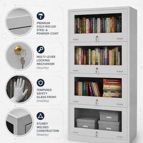 Amazon Brand - Solimo Steel Bookrack, 4 Door Bookshelf with Glass Doors for Home & Office, Metal Book Cabinet for Library, Study Room & Staff Room, Powder Coated (Light Grey) 4