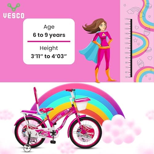 VESCO Super Girl 20T Cycle for Kids Girls with Balance Wheel & Back Carrier | Rigid Fork | Frame 12.5 Inch | Ideal for 6 to 9 Years Girls Kids Bike (Pink) 2