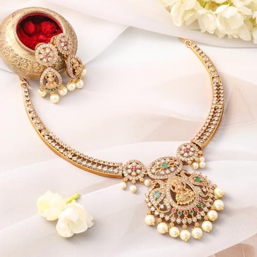 Rubans 22K Gold-Plated Emerald Green, Ruby Pink & White Cubic Zirconia Studded Temple Necklace Set 4