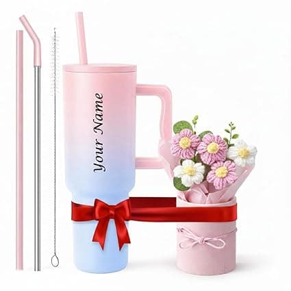 1200ml Steel Insulated Tumbler with Straw | Personalized Tumbler + Crochet Flower Bouquet Gift for Birthdays, Weddings, Anniversaries – Gift for Women, Men, and Girls (Candy + Bouquet)