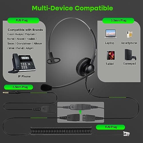Telephone Headset with Noise Canceling Microphone, Mono Call Center Office Headset with RJ9 Jack & 3.5mm Connector for Landline Deskphone Cell Phone PC Laptop, Work for Polycom Avaya Nortel 2