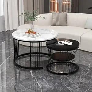 Brown Art SHOPPEE Round Coffee Table Home Décor Furniture Coffee Table Sets,2 Piece MDF Top,Stacking Nesting Table with Iron Frame for Living Room Living Room or Lounge (Black Mix)