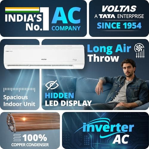 Voltas 185V Vectra CAR 1.5 ton 5 star,New star rated, inverter Split AC|4-IN-1 Adjustable modeHigh ambient Cooling-cools even at 52°C|Anti dust filter with Anti-microbial coating|Copper Coil|White 3