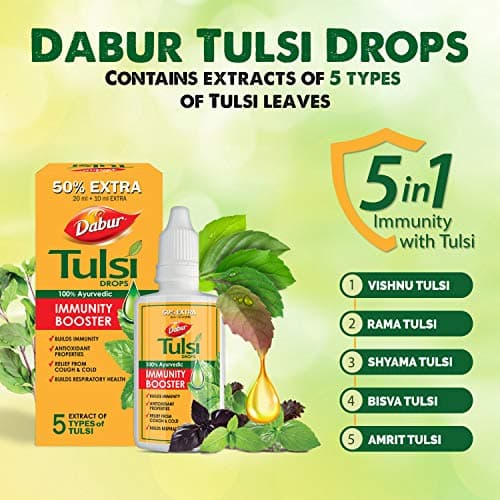 Dabur Tulsi Drops- 50% Extra: Concentrated Extract Of 5 Rare Tulsi For Natural Immunity Boosting & Cough And Cold Relief: (20Ml +10Ml Free) 3