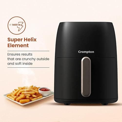 Crompton Ameo 4.2L Digital Air Fryer | 1400W Quick Fry Technology | Oil-Free Healthy Cooking | Super Helix Heating Element | Digital Display with Indian Preset Menus | Black (Without Window Display) 4