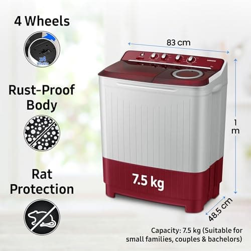Samsung 7.5 Kg Inverter 5 Star Semi Automatic Top Load Washing Machine (WT75B3200RR/TL, Light Grey & Red Base, Air turbo drying, 5 Year Warranty on Wash Motor) 5