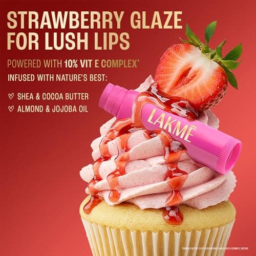 Lakme Lip Love Care Stick Strawberry, with 10% Vitamin E Complex, nourished with Shea & Cocoa Butter and enriched with Almond & Jojoba Oil for 24hr moisturization in just 1 swipe, with SPF 15, 4.5g 4