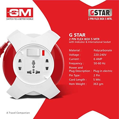 GM G‑Star 3042 – 3‑Socket 2‑Pin Extension Cord (5 m) with LED Indicator, International Sockets & Ultra‑Smooth Rotation 4