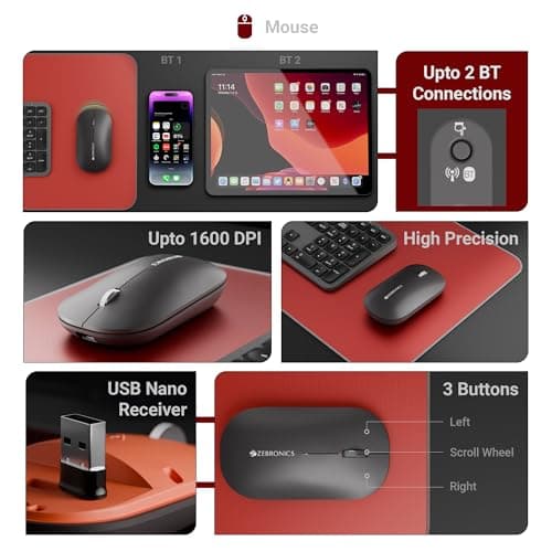 Zebronics Wireless Keyboard & Mouse Combo, 2.4GHz + Multi BT Toggle, Scissor Switch, Mac & Win Toggle, UV Coated Keys, Multimedia Keys, Upto 1600DPI, Type-C Charging, High Precision (Companion 5002) 4