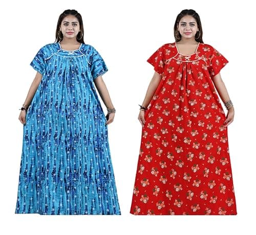 Bejod's Collection Women’s Cotton Nighty Combo Pack of 2, Full Length Printed Maxi Night Gown, Soft Breathable Sleepwear for Women, Plus Size XL, XXL, 3XL