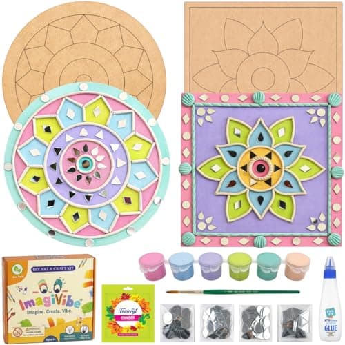 ImagiVibe DIY Mini Lippan Art Kit for Kids & Adults | 2 Pre-Marked 6 Inch MDF Boards | Indian Folk Art Painting Kit with Clay, Mirrors & Pastel Tempera Colours | Creative Art & Craft Kit for Gifting, 