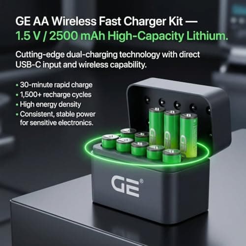 GE® AA Rechargeable Batteries, 1.5V Lithium, 2500mWh (10-Pack) + Wireless Fast Charger Kit — 30-Min Rapid Charge, 1500+ Cycles, 10-Years Life, 3-Year Warranty | OEM 2026 4