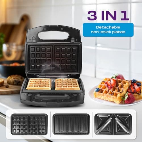 MILTON 850W Royal X 3 in 1 Electric Detachable Sandwich Maker, Bread Toaster, Panini Press Grill, Waffle Set with Removable Non-Stick Plates, Power Indicators | 1 Year Warranty, Black 2