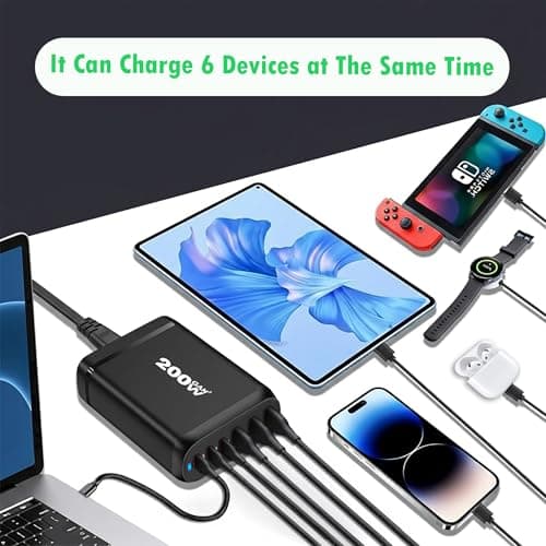 MX 200W GaN USB C Charging Station, 6-Port Desktop Charger with PD 100W Type C Power Supply QC3.0 Fast Charging for MacBook Pro 16"/Air, Dell XPS, iPad Pro, iPhone 17/16/15, Galaxy S25/S24 2
