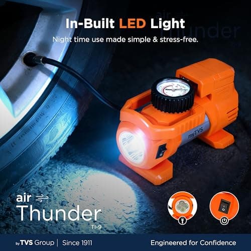myTVS Air Thunder Tyre Inflator for Car and Bike with LED Torch (150 PSI, Analog Meter, Metal Body, 3m Cord) | Air Pump for Car Tyre Inflator Pump TI-9, 1+1 Years Warranty 5