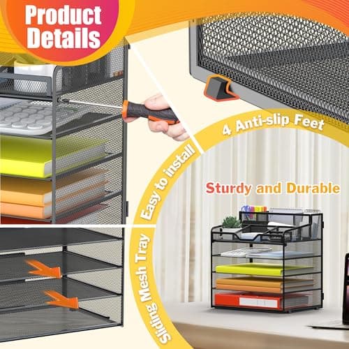 Docnest 5 Tier Mesh Desk Organizer for Paper Office Supplies – Multi-Functional Letter Tray with 5 Adjustable Compartments, 3 Pen Holders, Desktop Storage for Files, Mail, Stationery – Black 5