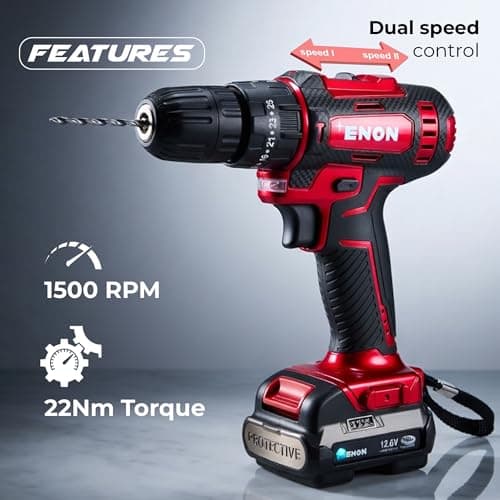 Enon 12.6V Cordless Impact Drill for Home Use, 82 Pcs Drill Kit, 2x1.5Ah Batteries,1500RPM, 22NM Torque, 25 Level Torque, Keyless Chuck 10mm, 2 Speed Modes 3 Functions, Magnetic Base (XE-CD1610) 2