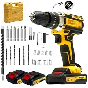 XLNT 21V Cordless Impact Drill Set with 2 Batteries and Fast Charger, 3-in-1 Drill/Screwdriver/Impact Mode, 2-Speed, LED Light,10mm Chuck, Accessories Kit & Carry Case