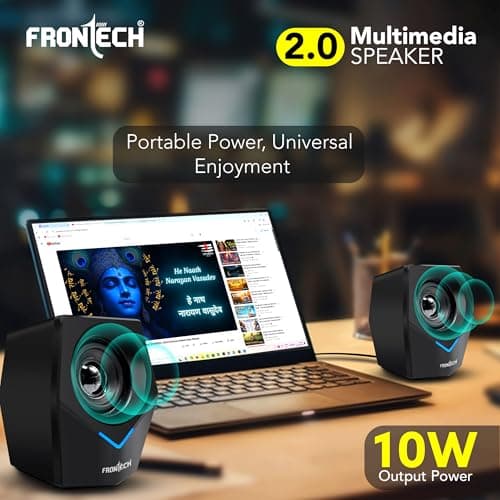FRONTECH 2.0 Multimedia Speakers: 10W USB-Powered PC/Laptop/Mobile Speakers with 3.5mm AUX & Blue LED Lighting. (SPK-0011) 2