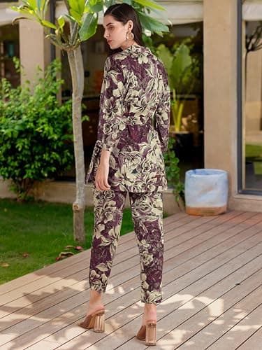 MIRCHI FASHION Women's Relax Fit Rayon Foil Work Floral Printed 2 Piece Kurta Co-Ord Set with Trouser (K10172-Wine, Beige-XL) 4