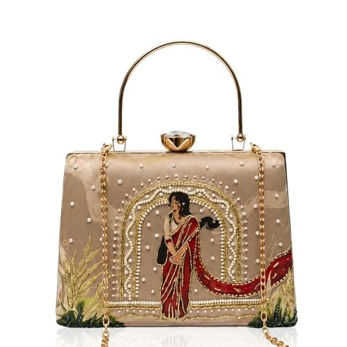Artklim Beige Traditional Art Embroidered Clutches for Women | Wedding Clutch Stylish | Hand Clutches | Bridal Occasion Bag with Detachable Strap and Handle