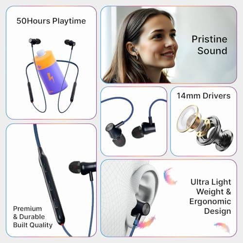 pTron Tangent Evolve w/ 50Hrs Playtime, HD Mic, Pristine Sound, 14mm Drivers, Bluetooth V5.3 w/Dual-Device Pairing Wireless Neckband, Magnetic Buds, Voice Assistant,Type-C Charging & IPX4(Black/Blue) 2