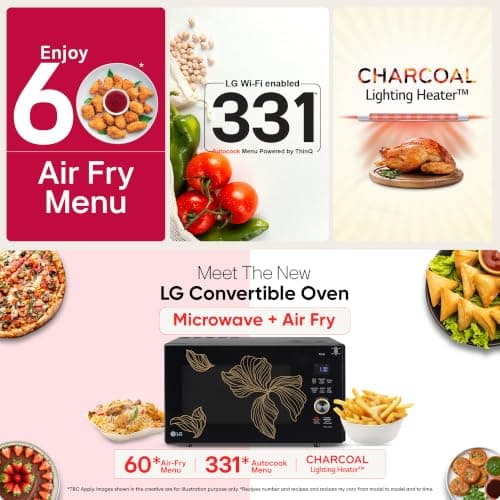 LG 28 L, Convertible Microwave Oven with Air Fry, Charcoal Lighting Heater, Wi-Fi Enabled (MJEN286UGWF, Black, Motorised Rotisserie, 60 Air Fry Recipe, 40 Scan to Cook Recipes & 331 Auto Cook Menu) 3