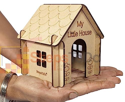 StepsToDo Pop Out Toy House Making Kit. Mini Dollhouse Set. Playhouse with Coffee Table, Seating Stool, Garden, Bed, a Girl Doll, a Boy Doll, and Teddy Bear 5
