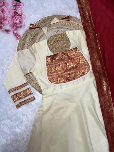 Chanderi Cotton Fabric Anarkali Dress Set with Jacquard Weaving and Zari Border, Traditional Indian Ethnic Wear Gown for Weddings, Festivals, and Special Occasions (Women, Cream Red, L) 5