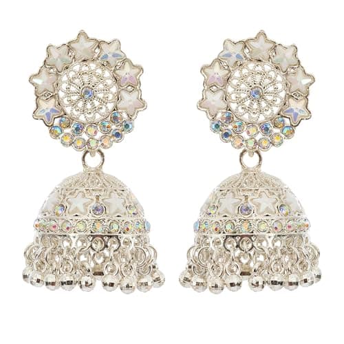 NeishasNest Jhumka Earrings, Oxidized Silver, Traditional Ethnic Temple Style, Crystal Stones, Post Back Closure, Festive & Wedding