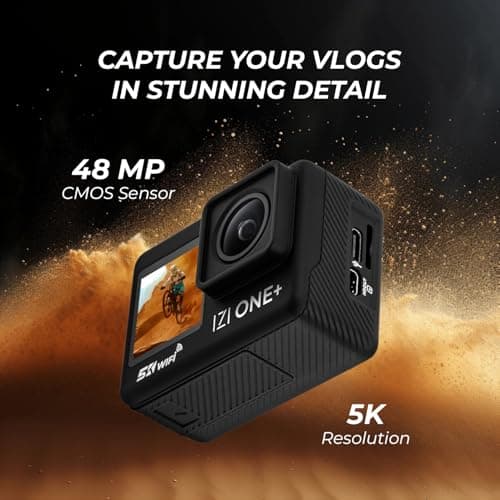 IZI ONE Plus 5K 48MP Action Camera - 6-Axis Gyro Stabilization, 110ft Waterproof, Vlogging, 170° FOV, WiFi, Dual Screen Video Camera, 2X 1350mAh Batteries, Fast C-Type Charge HQ External Mic. 2